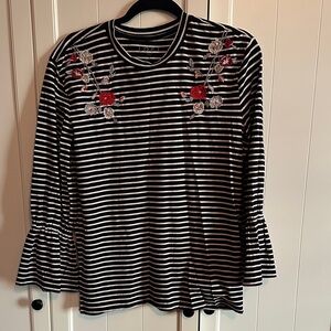 LOFT Black and White Striped Top with Red Floral Embroidery